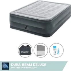 Intex Luchtbed - 2-Persoons - 152 X 203 X 33 Cm - Grijs - Met Ingebouwde Pomp, Hoeslaken Antraciet En Reparatieset