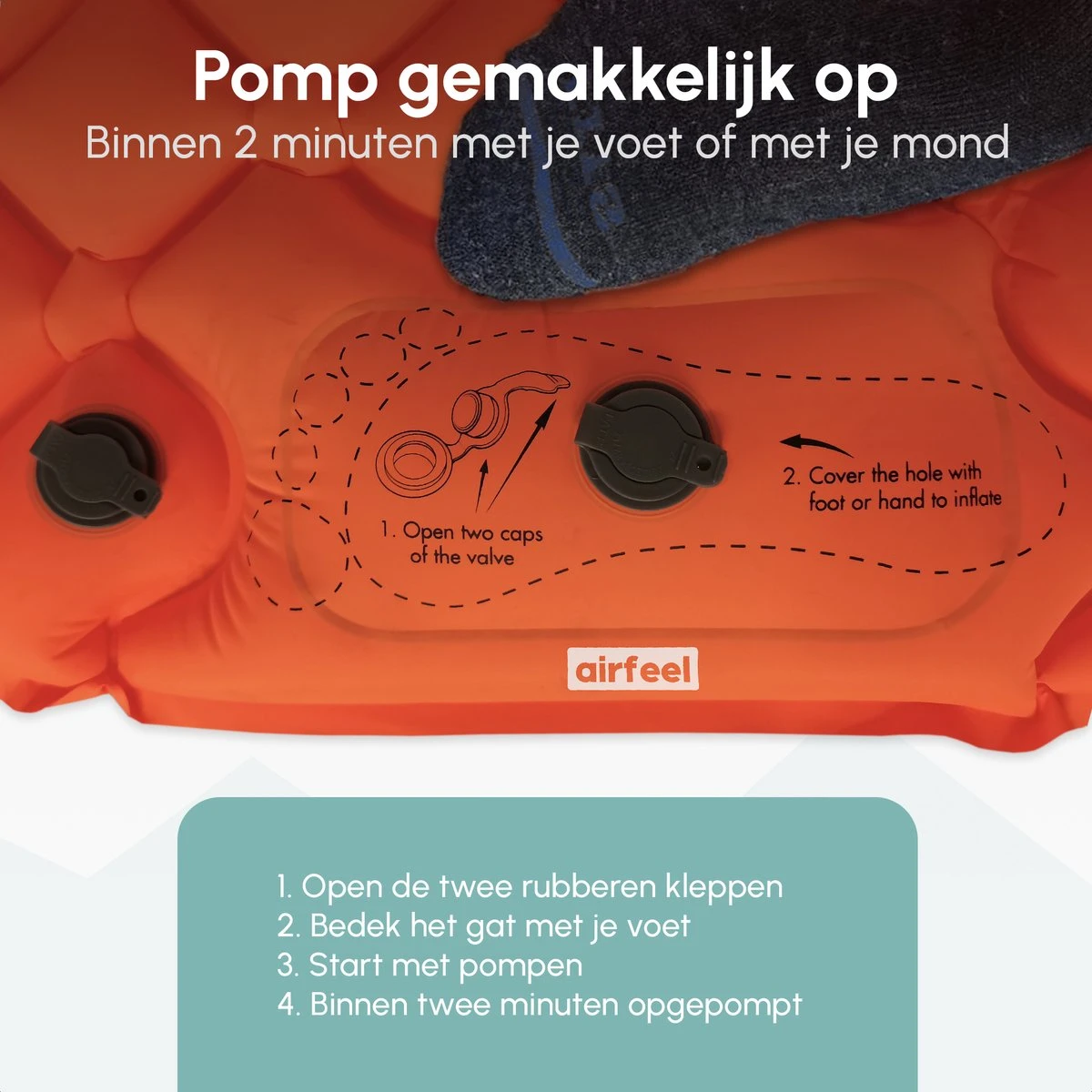 AirFeel Lichtgewicht Opsblaasbaar Slaapmatje - Ingebouwde Pomp En Kussen - 196 X 60 X 6 Cm - Orange 2 AirFeel Lichtgewicht Opsblaasbaar Slaapmatje - Ingebouwde Pomp En Kussen - 196 X 60 X 6 Cm - Orange - Afbeelding 2